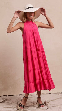 Juliette High Neck Tiered Maxi Dress Hot Pink