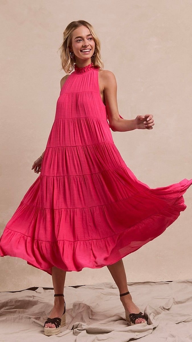 Juliette High Neck Tiered Maxi Dress Hot Pink