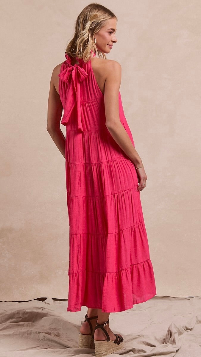 Juliette High Neck Tiered Maxi Dress Hot Pink