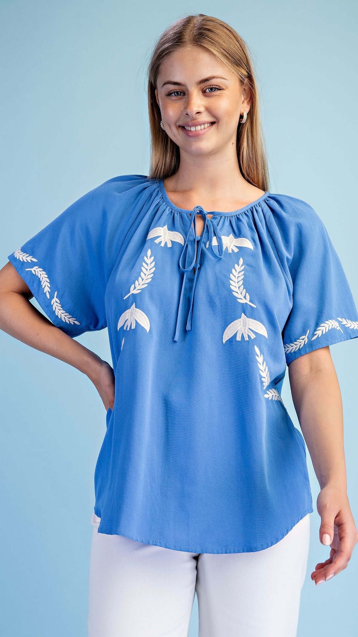 Embroidered Bird Tie Neck Blouse French Blue