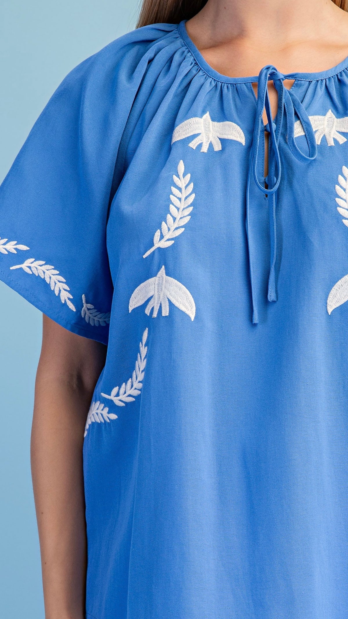 Embroidered Bird Tie Neck Blouse French Blue