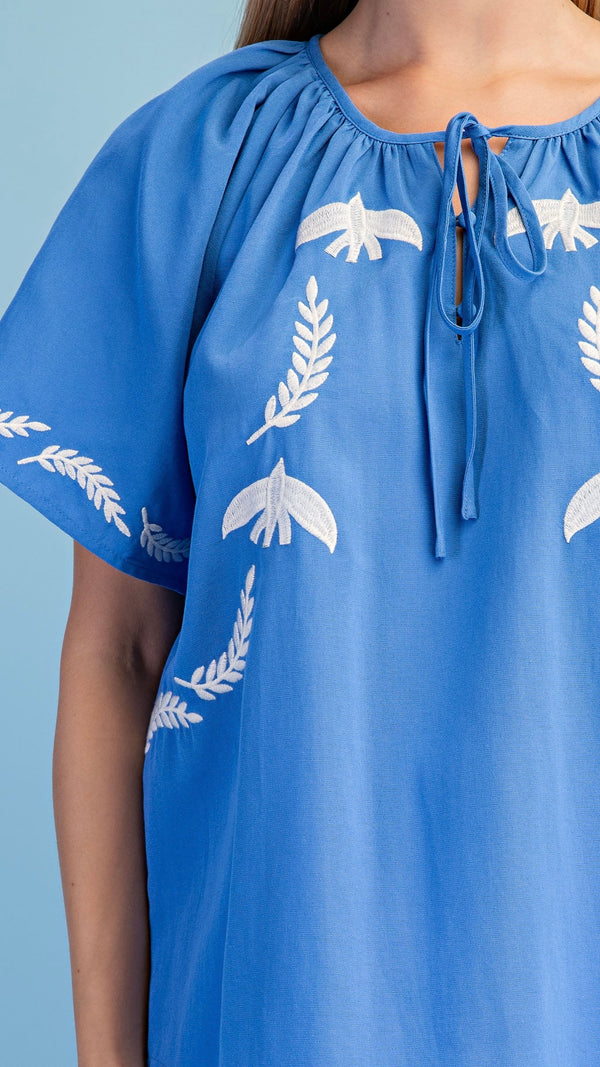 Embroidered Bird Tie Neck Blouse French Blue