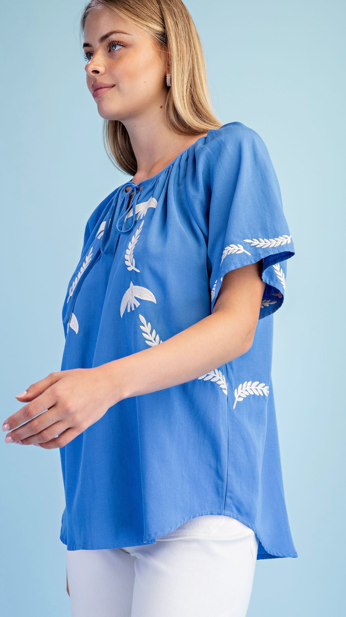 Embroidered Bird Tie Neck Blouse French Blue