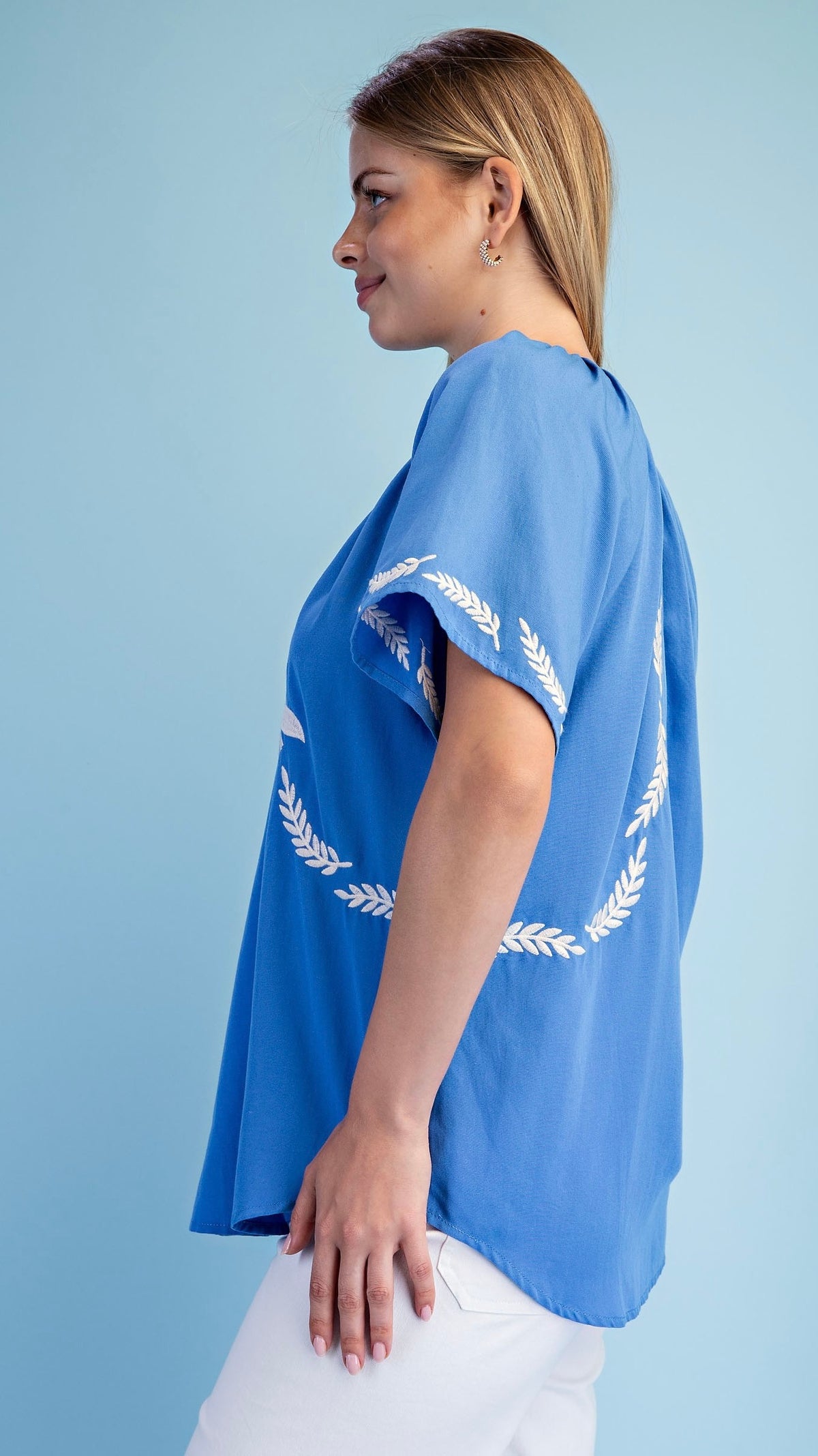 Embroidered Bird Tie Neck Blouse French Blue