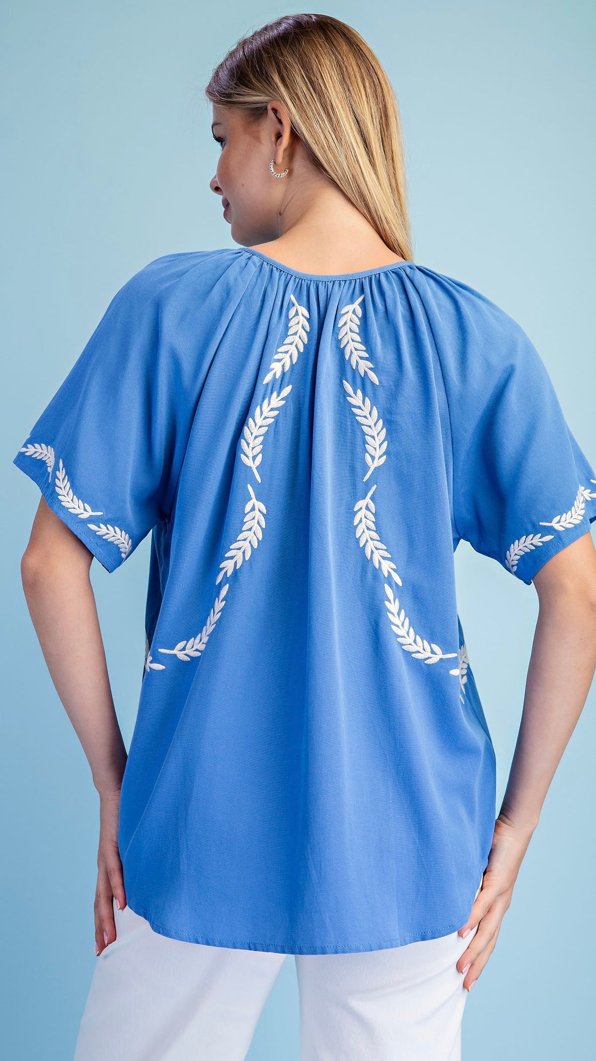 Embroidered Bird Tie Neck Blouse French Blue
