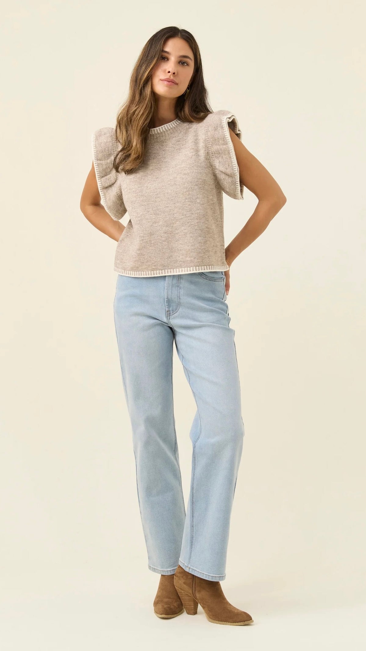Athena Frill Knit Top Stone