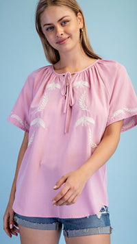 Embroidered Bird Tie Neck Blouse Soft Pink