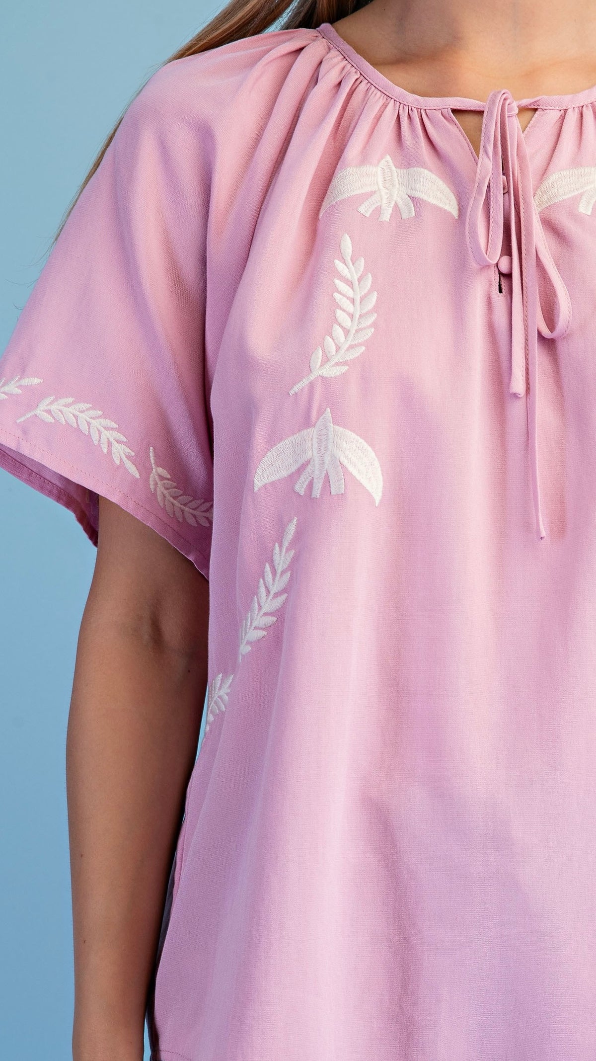 Embroidered Bird Tie Neck Blouse Soft Pink