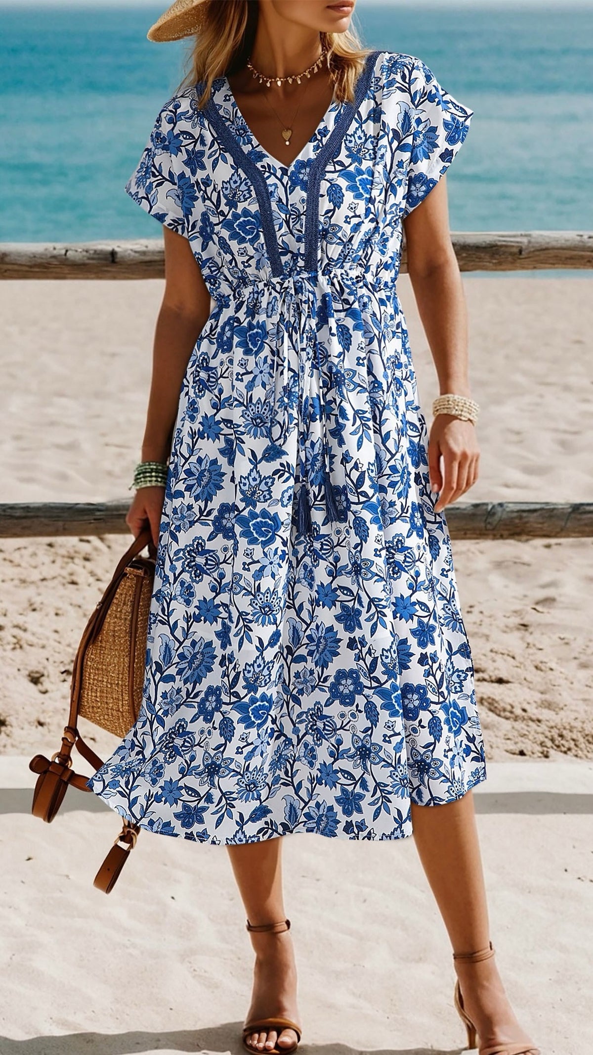 Embroidered Trim Vacay Dress Blue