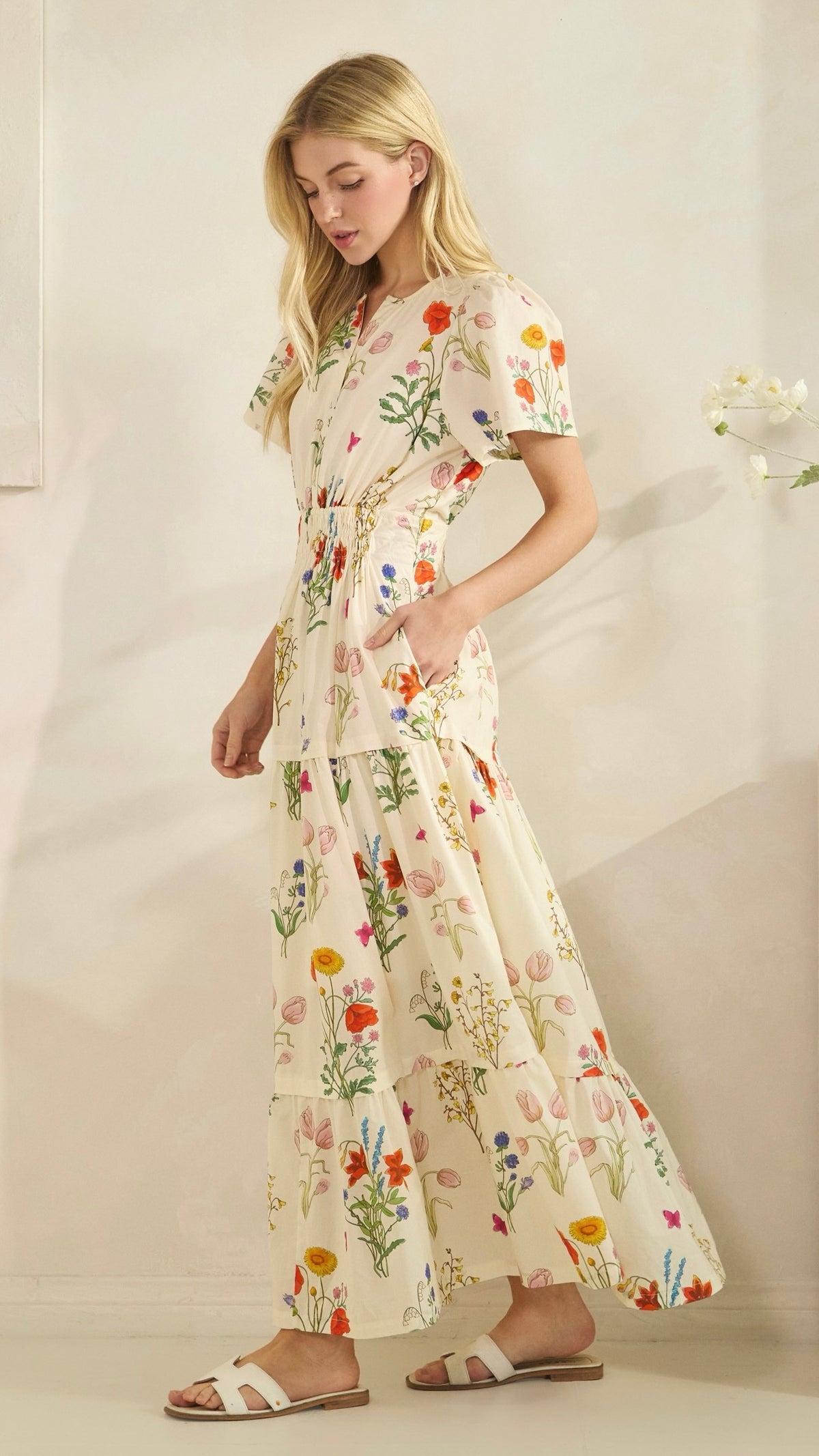 Tilly Tiered Midi Dress Ivory Floral