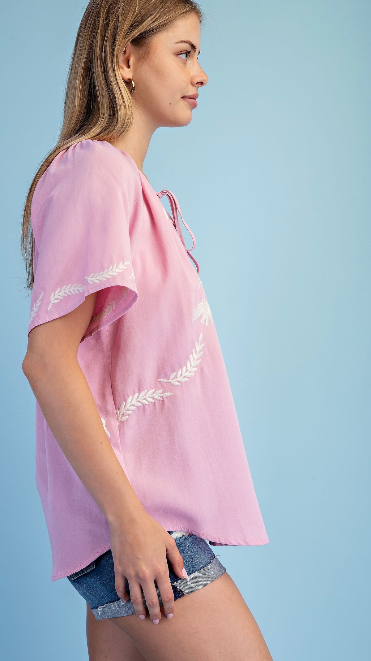 Embroidered Bird Tie Neck Blouse Soft Pink