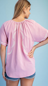 Embroidered Bird Tie Neck Blouse Soft Pink