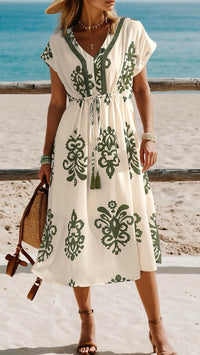 Embroidered Trim Vacay Dress Cream