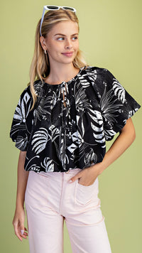 Balloon Crop Top Palm Print Black