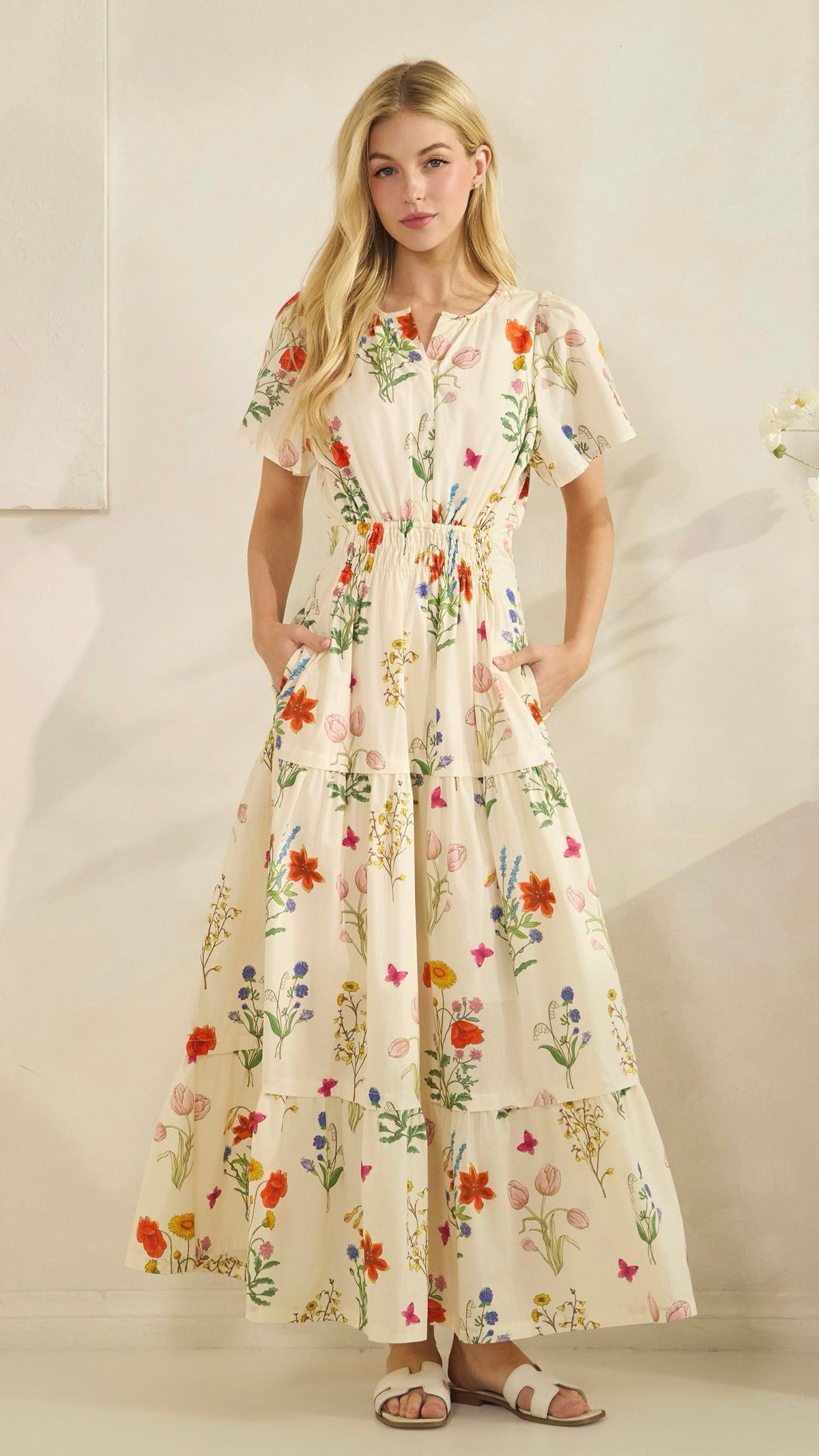 Tilly Tiered Midi Dress Ivory Floral