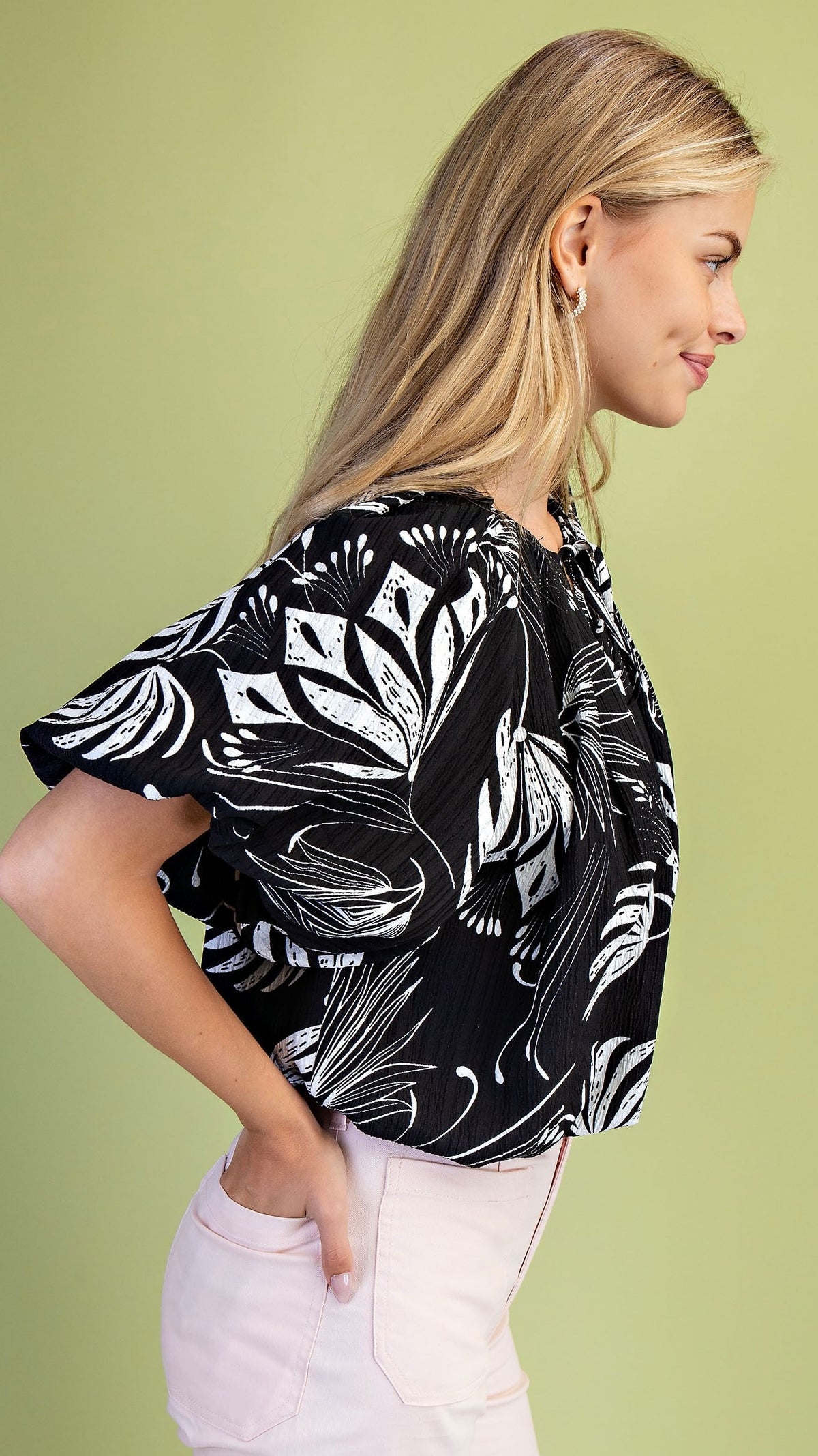 Balloon Crop Top Palm Print Black
