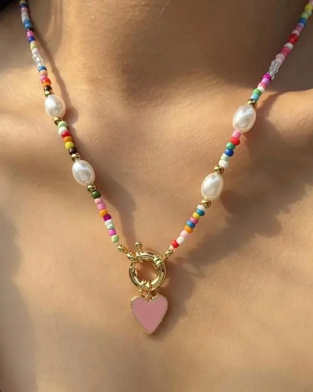Adjustable Beaded Necklace  Heart Pendant Pink
