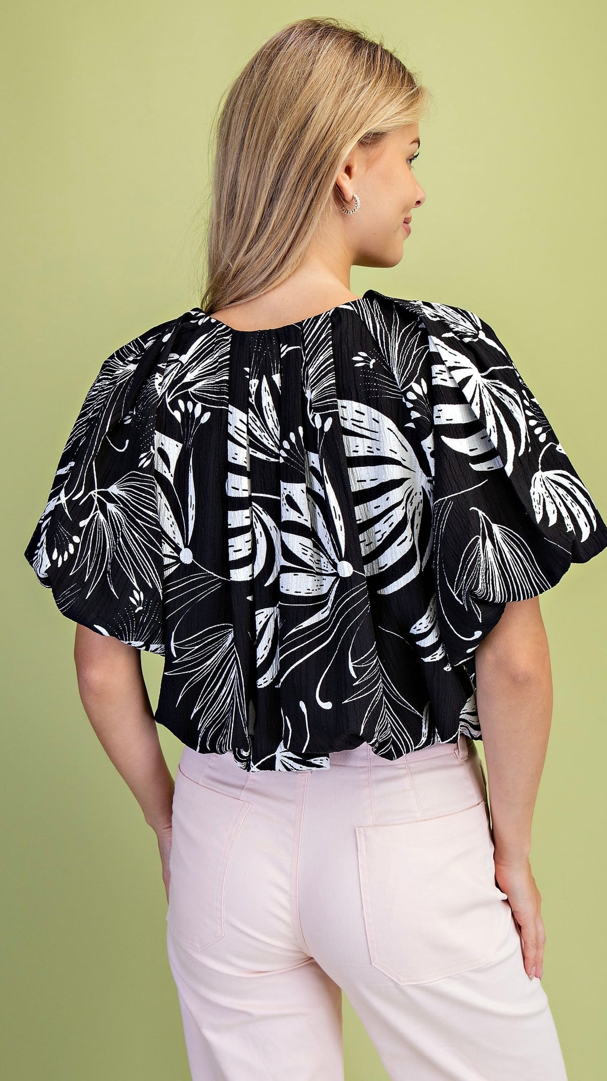 Balloon Crop Top Palm Print Black
