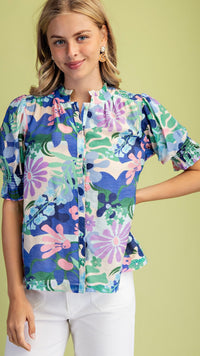 Mel Button Down Blouse Blue Floral