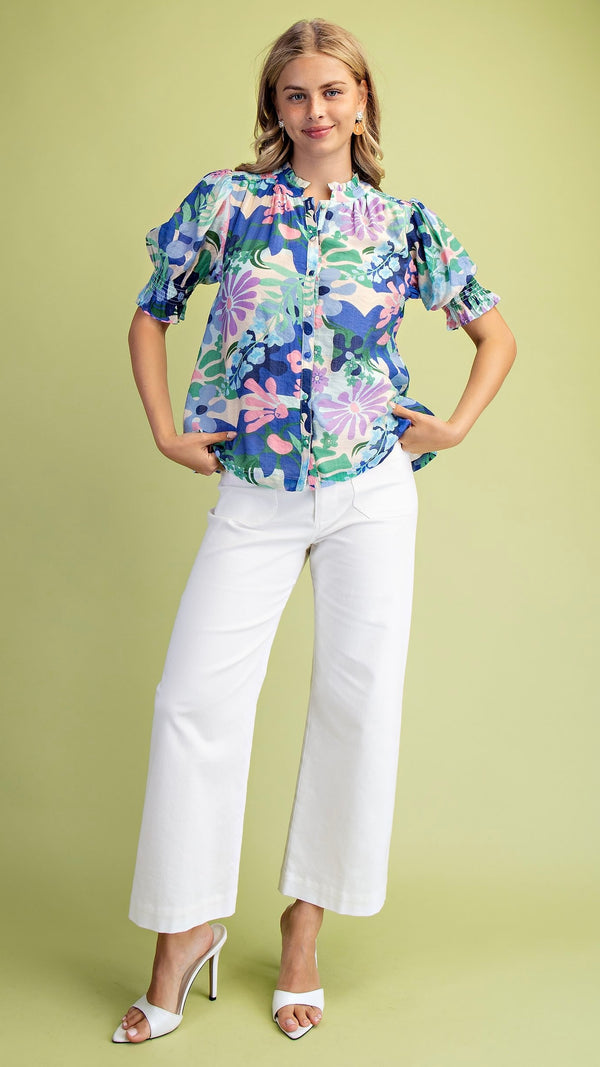 Mel Button Down Blouse Blue Floral