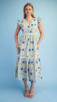 Sheila Scalloped Neck Midi Dress Blue Floral