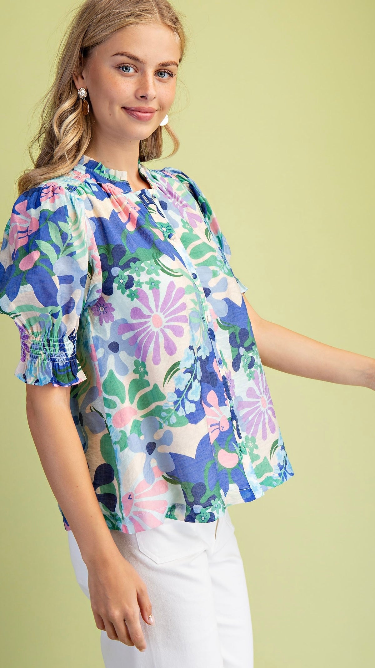 Mel Button Down Blouse Blue Floral
