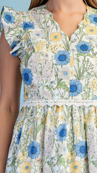 Sheila Scalloped Neck Midi Dress Blue Floral