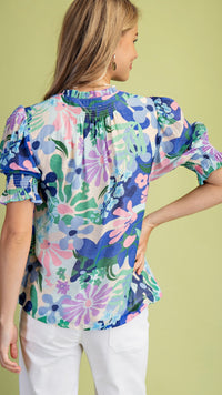 Mel Button Down Blouse Blue Floral