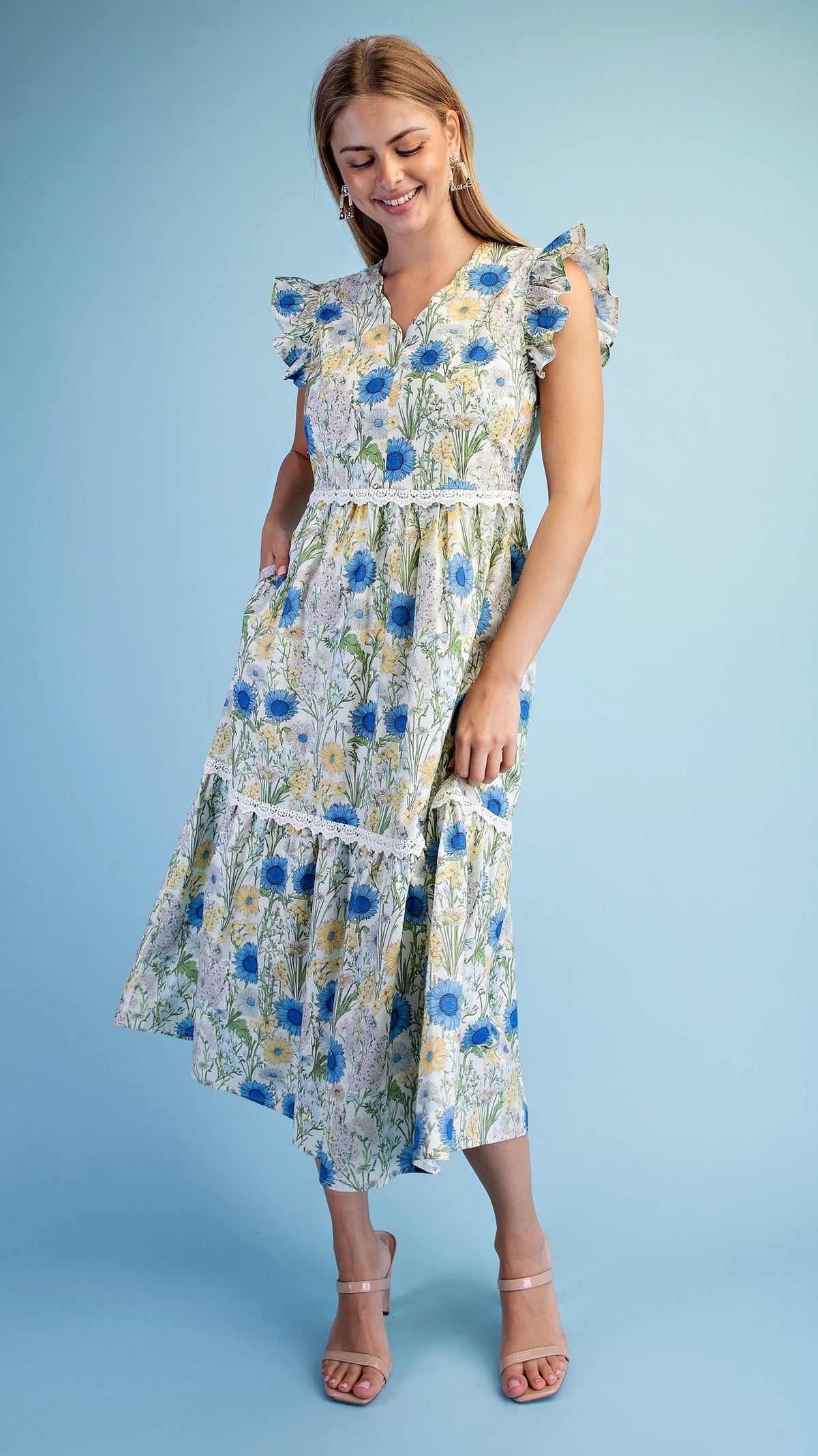 Sheila Scalloped Neck Midi Dress Blue Floral