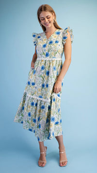 Sheila Scalloped Neck Midi Dress Blue Floral