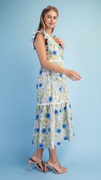 Sheila Scalloped Neck Midi Dress Blue Floral