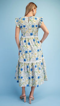 Sheila Scalloped Neck Midi Dress Blue Floral