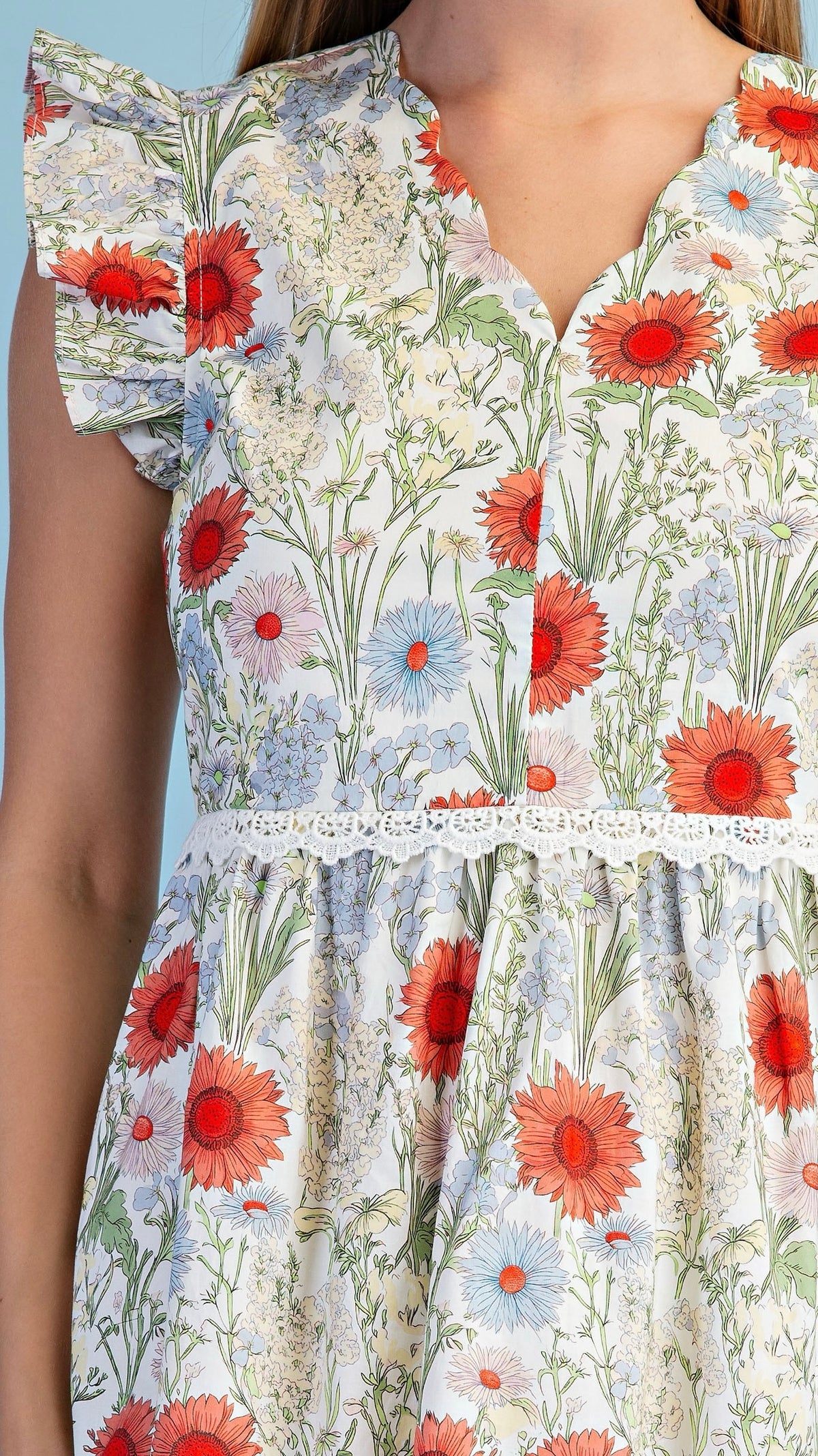 Sheila Scalloped Neck Midi Dress Red Floral