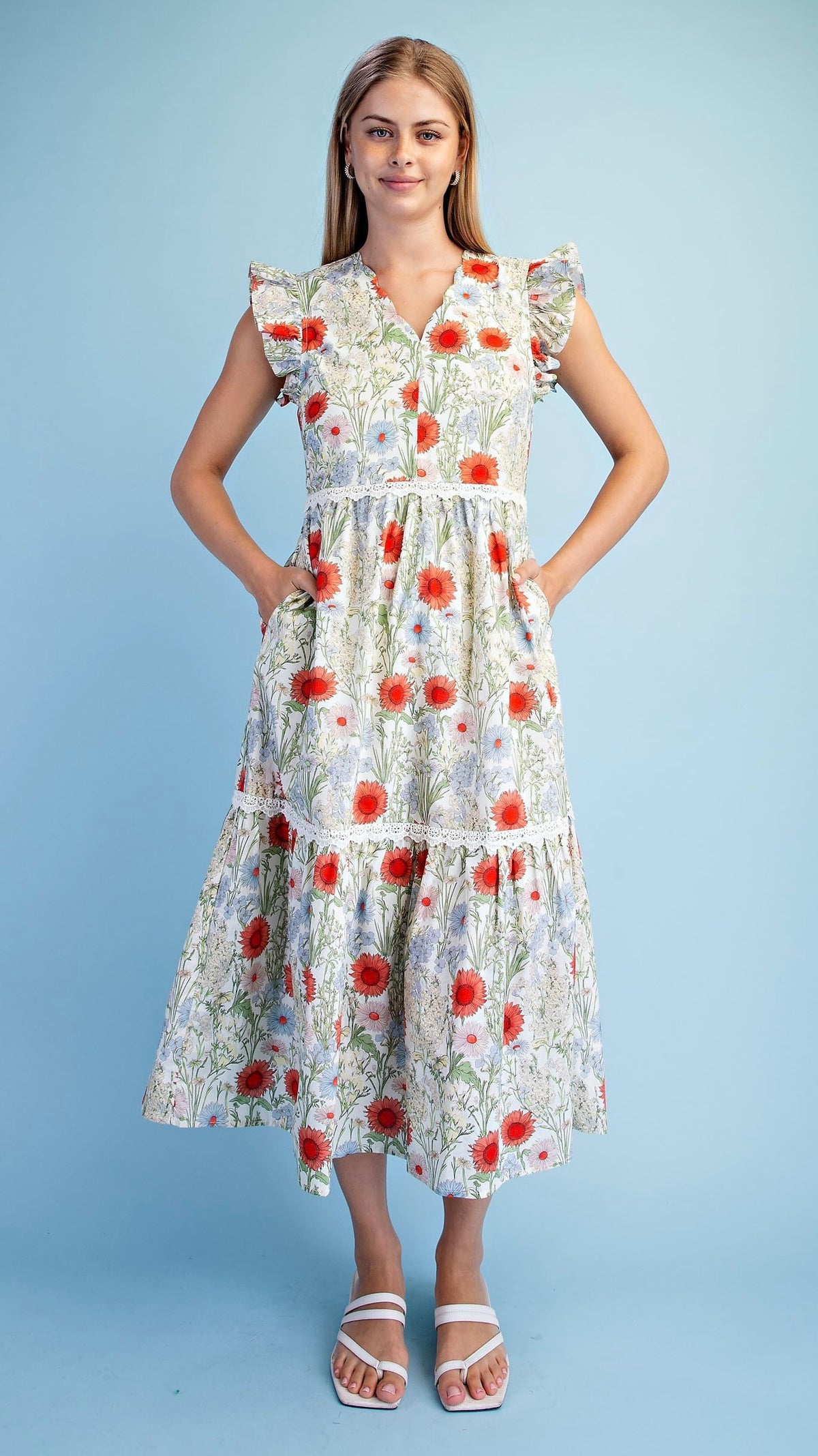 Sheila Scalloped Neck Midi Dress Red Floral