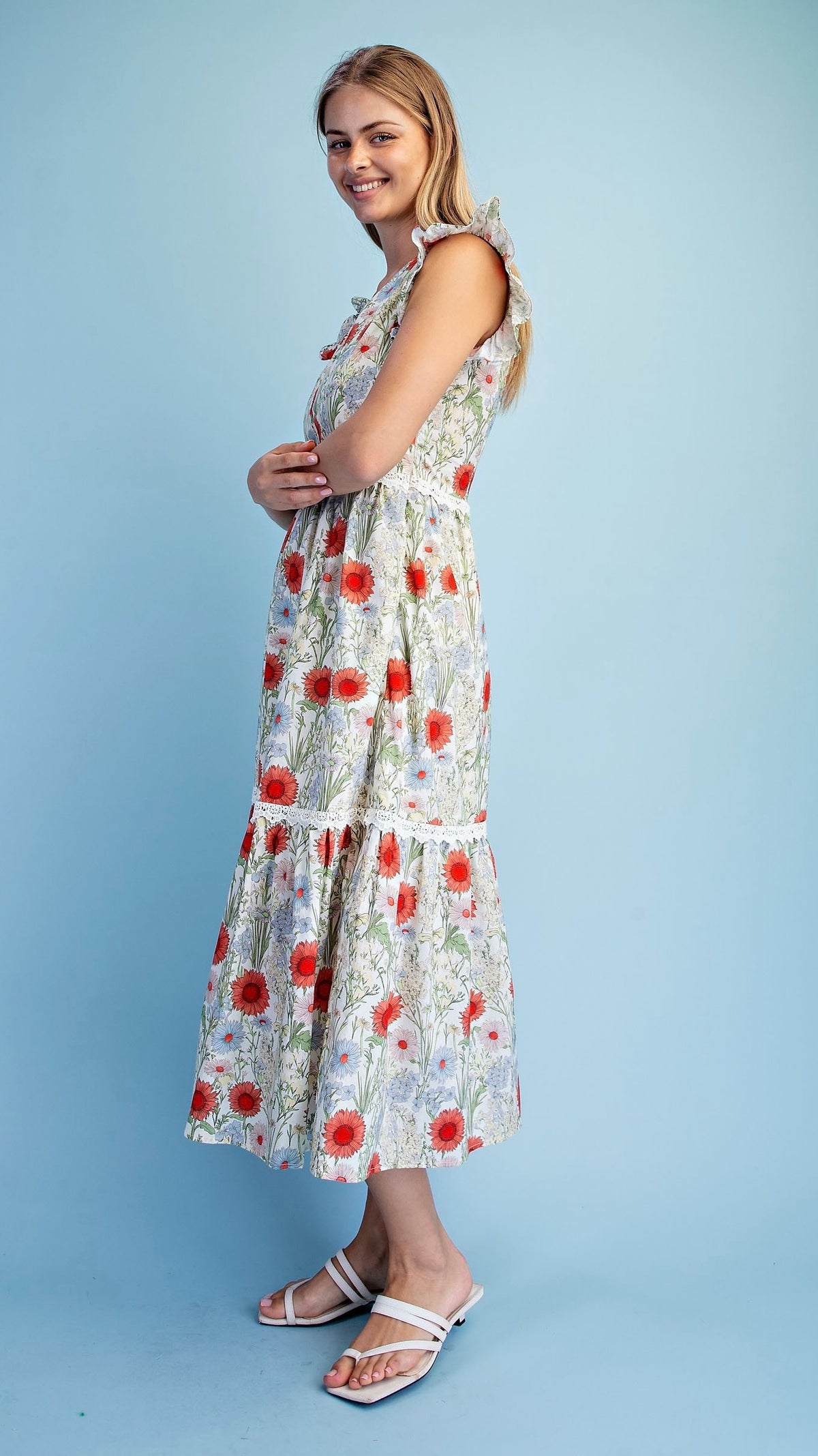 Sheila Scalloped Neck Midi Dress Red Floral