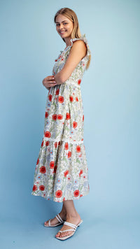 Sheila Scalloped Neck Midi Dress Red Floral