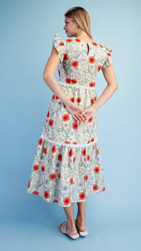Sheila Scalloped Neck Midi Dress Red Floral