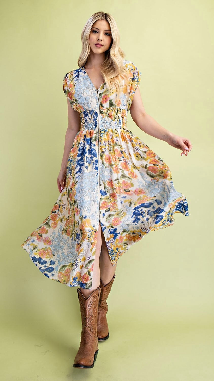 Tommie Zip Front Midi Dress Blue Mix