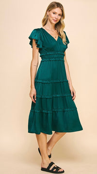 Delilah Satin Tiered Dress Deep Green