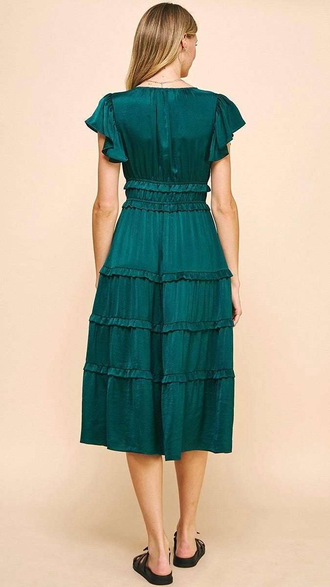Delilah Satin Tiered Dress Deep Green