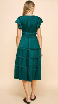 Delilah Satin Tiered Dress Deep Green