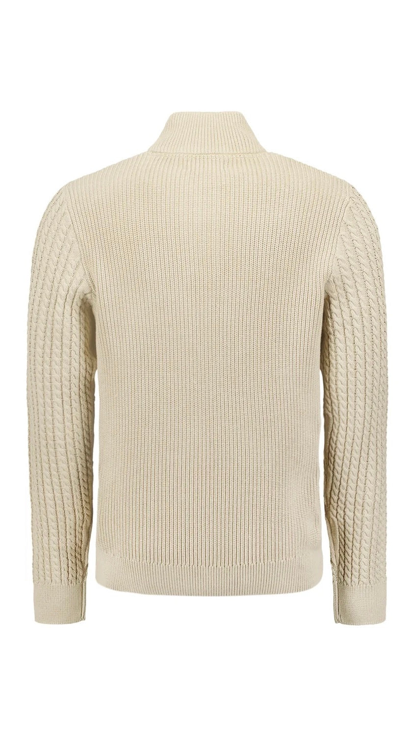 No Excess Pullover Half Zipper and Button Solid Jacquard Cement