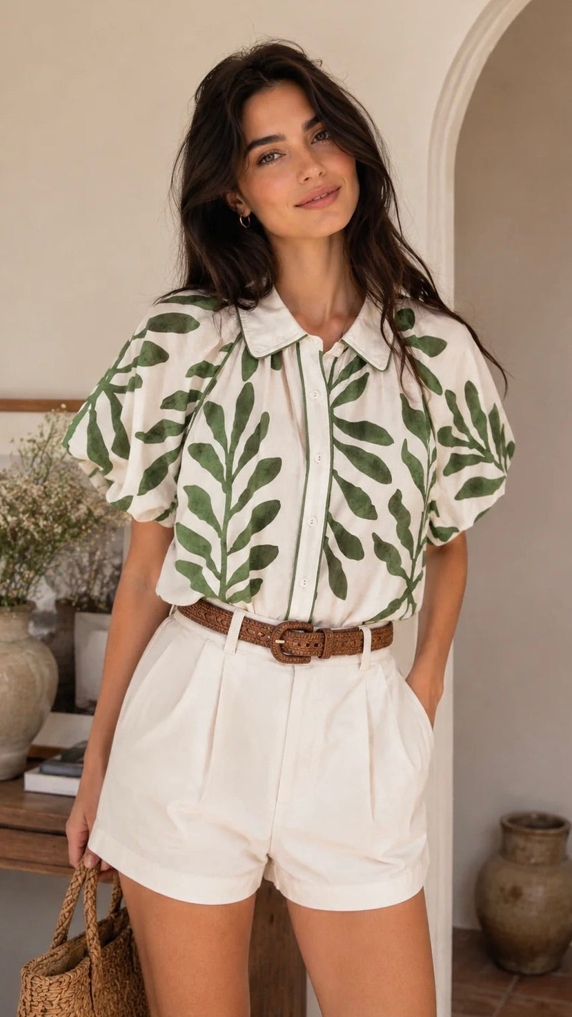 Suki Button Down Collar Shirt Leaf Print Green
