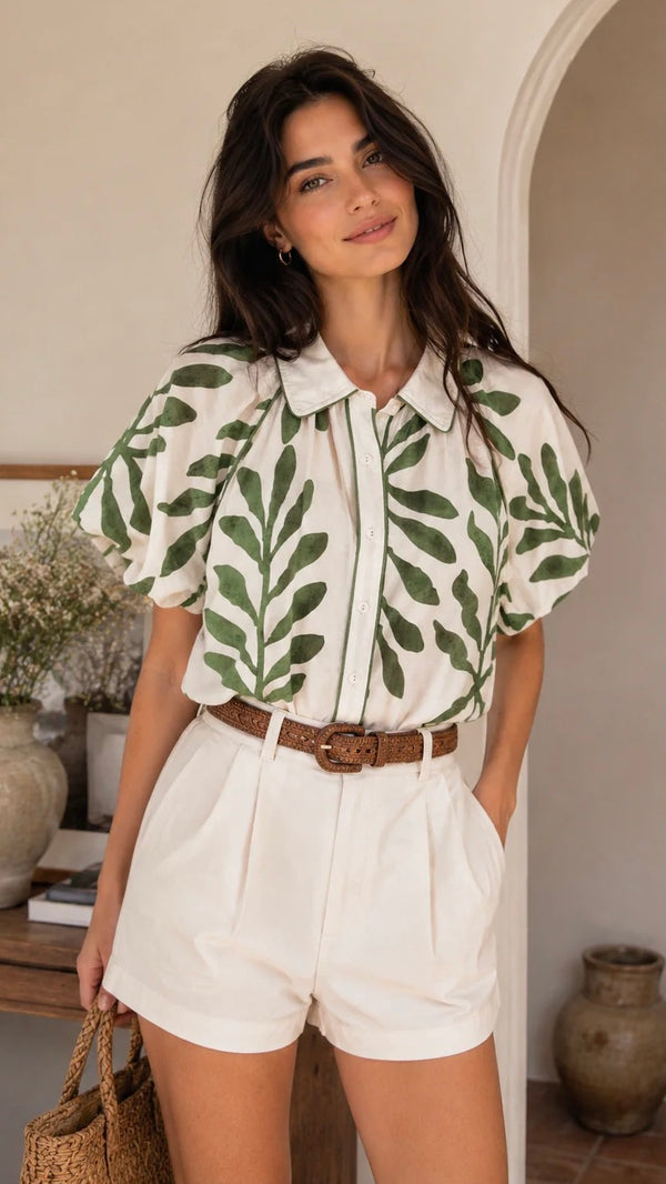 Suki Button Down Collar Shirt Leaf Print Green
