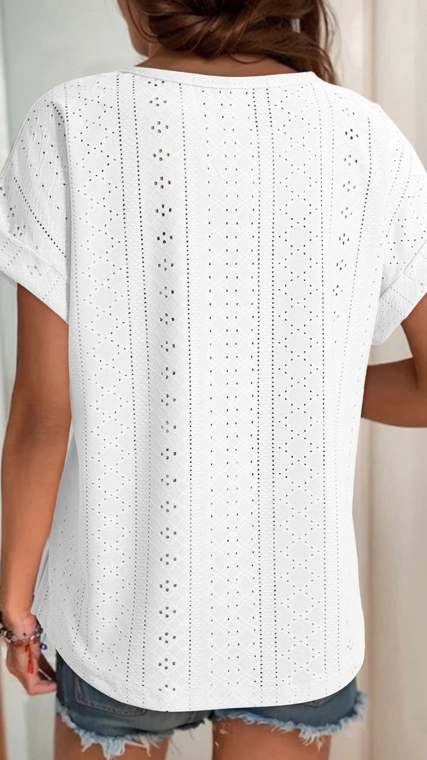 Eyelet Cuffed Sleeve Top White