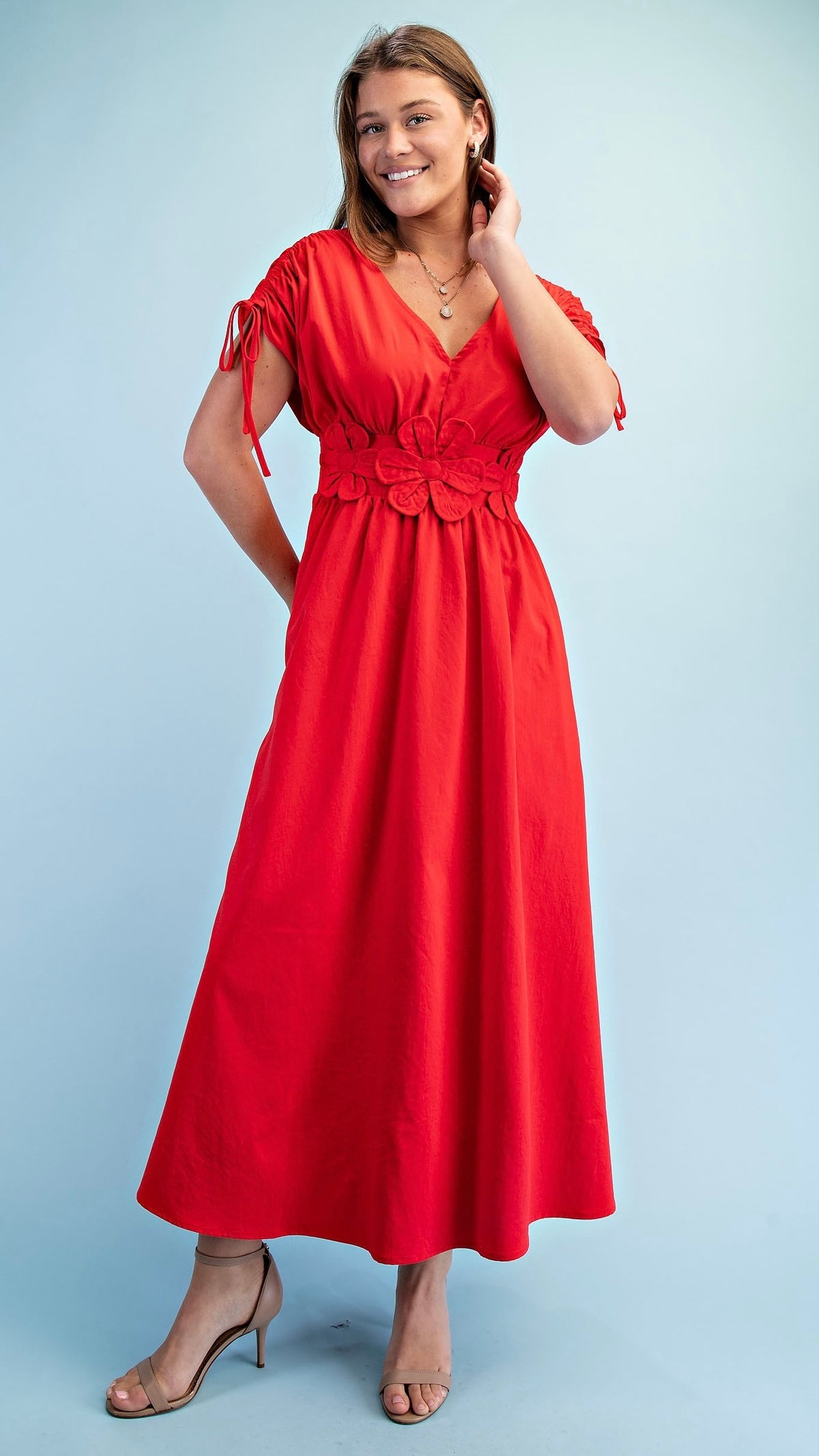 Fleur Appliqué V Neck Maxi Dress Tomato