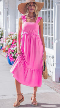 Marsha Ruffle Trim Midi Dress Bubblegum Pink