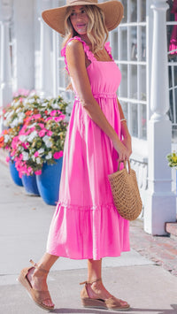 Marsha Ruffle Trim Midi Dress Bubblegum Pink
