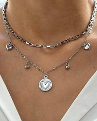 Double Layer Heart Charm Necklace Silver