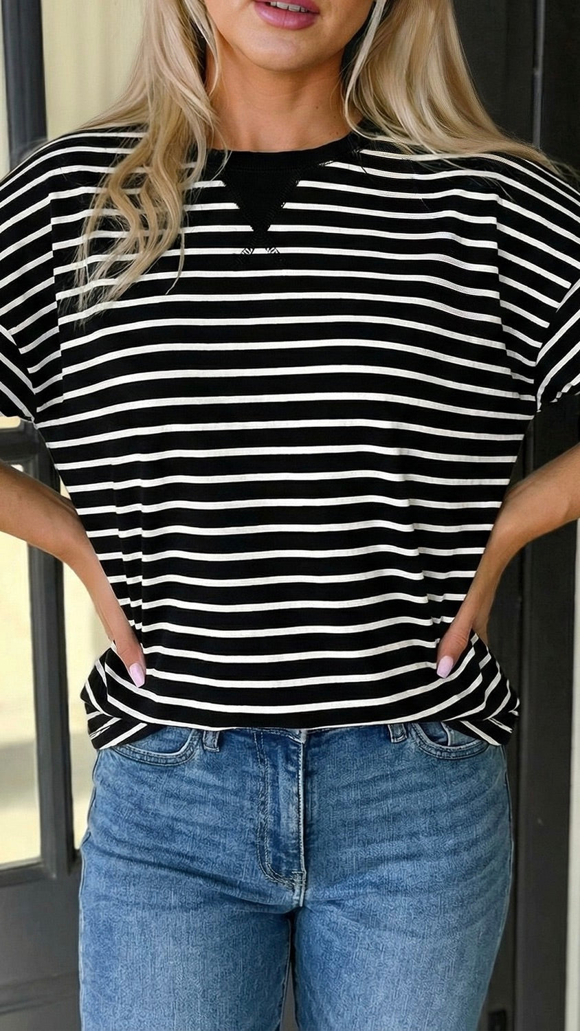Sara Drop Shoulder Striped Top Black White